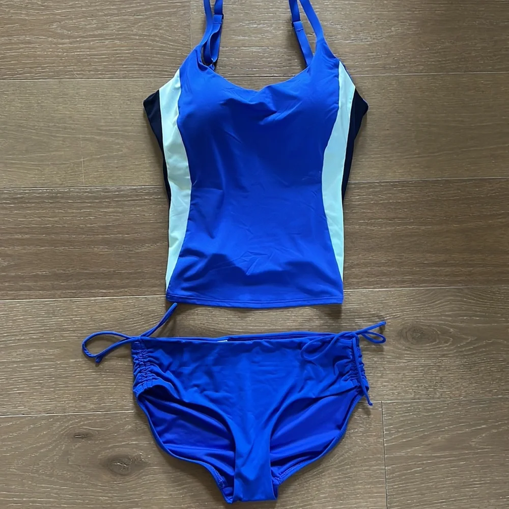 Athleta Coastline Bra Cup Tankini Cinch Full Bottom in Cerulean Blue